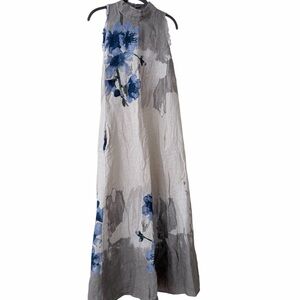 Elegant 100% Linen Blue Floral Maxi Dress